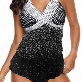 Polka Dot Print Layered Halter Neck Tankini Set