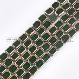 Electroplate Glass Beads Strands, Edge Plated, Rectangle, DarkGreen, 9.5~10×7.5~8x4mm, Hole: 1mm; about 30pcs/strand, 11.4”