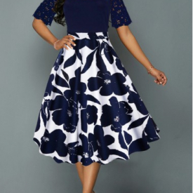 Flower Print Lace Panel Cold Shoulder Dress