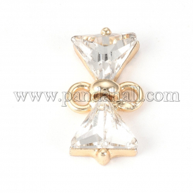 Alloy Glass Links/Connectors, Bowknot, Nickel Free, Clear, Golden, 16x8x4mm, Hole: 1.5mm