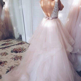 Light Pink V-neck Cheap Vintage Lace Wedding Dresses 2020