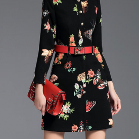 Black Crew Neck Vintage Floral Printed Mini Dress with Belt
