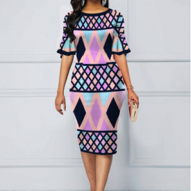 ROTITA Multi Color Flare Sleeve Geometric Print Dress