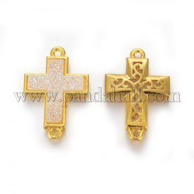 Brass Links/Connectors, with Druzy Resin, Golden Plated Color, Cross, NavajoWhite, 19.7×13.5×3.5mm, Hole: 1.2mm