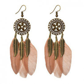 Feather Design Pink Metal Earring Set