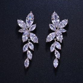 Rhinestone Embellished Leaf Shape Silver Metal Ear Studs