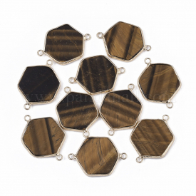 Natural Tiger Eye Links/Connectors, with Golden Tone Brass Open Back Settings, Hexagon, 35x25x3.5mm, Hole: 2mm