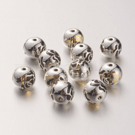 K9 Glass Beads, Covered with Brass, Round with Rose Pattern, 925 Sterling Silver Plated, Gold, 10.2×9.2mm, Hole: 1.5mm