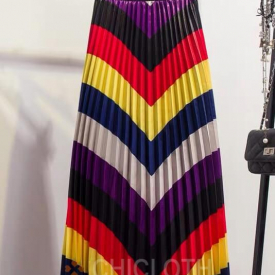 Chicloth Color Matching Striped Pleated Skirt-Cheap Casual Dresses