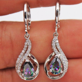 Water Drop Detail Rhinestone Silver Earrings