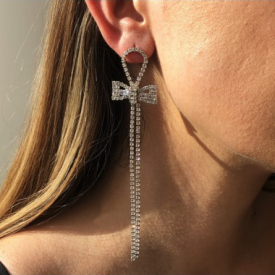Bowknot Rhinestone Silver Metal Detail Earring Set