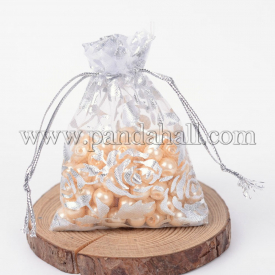 Rose Printed Organza Bags, Gift Bags, Rectangle, White, 9x7cm