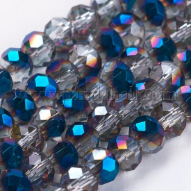 Electroplate Glass Faceted Rondelle Beads Strands, Half Plated, Blue, 3x2mm, Hole: 1mm; about 100pcs/strand, 10″