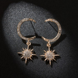 Rhinestone Detail Moon and Star Design Earrings
