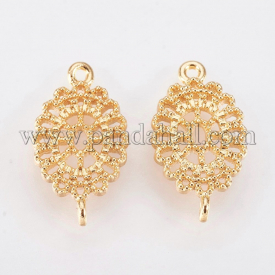 Brass Links/Connectors, Nickel Free, Lace Oval, Real 18K Gold Plated, 13×7.5x1mm, Hole: 0.8mm