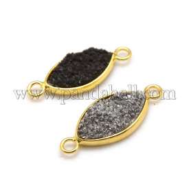 Natural Electroplate Druzy Crystal Beads Links, with Golden Brass Horse Eye Trays, Crystal, 24x10x4~6mm, Hole: 2mm