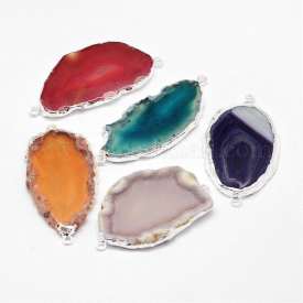 Electroplated Natural & Dyed Agate Links/Connectors, with Silver Plated Brass Findings, Mixed Color, 53~73×28~42×5~8mm, Hole: 3mm