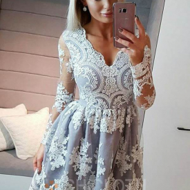 A-Line V-Neck Long Sleeves Light Grey Tulle Homecoming Dress with Appliques-Cheap Casual Dresses