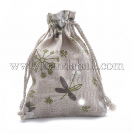 Polycotton(Polyester Cotton) Packing Pouches Drawstring Bags, with Printed Flower, OldLace, 14x10cm