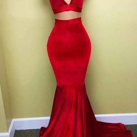 Velvet Two Pieces Long Red Mermaid Prom Dresses 2020