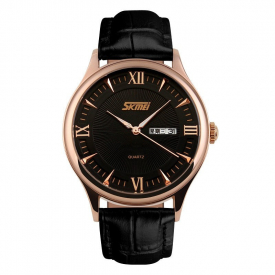SKMEI 9091 Rose-Gold Color Case PU Leather Band Analog Quartz Men Wrist Watch