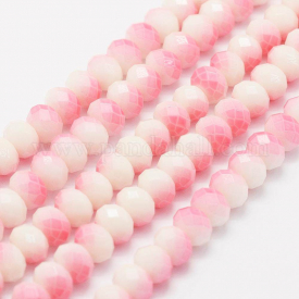 Glass Beads Strands, Dyed & Heated, Faceted, Rondelle, Pink, 8x6mm, Hole: 1mm; about 65~70pcs/strand, 15.3″~15.7″(39cm~40cm)