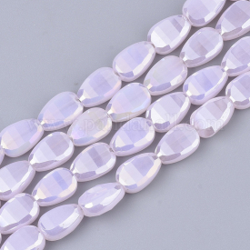 Electroplate Glass Beads Strands, AB Color Plated, Imitation Jade, Faceted, Teardrop, Pink, 8.5x6x3.5mm, Hole: 1mm; about 80pcs/strand, 26.38″(67cm)
