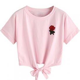 PERSUN Womens Pink Embroidery Rose Tie Front Short Sleeve T-shirt Crop Top,X-Large