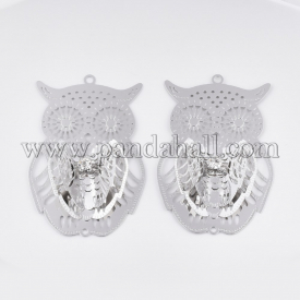 Brass Links/Connectors, with Crystal Rhinestone, Owl, Platinum, 53.5x35x7mm, Hole: 2mm