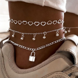 Heart Geometric Pattern Silver Anklet Set