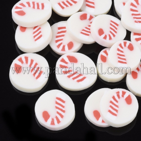 For Christmas Handmade Polymer Clay Cabochons, Flat Round with Candy Cane, Red, 9~11x2mm; about 4165pcs/1000g