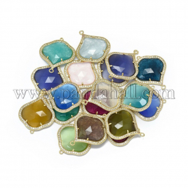 Cat Eye Links/Connectors, with Brass Findings and Cubic Zirconia, Faceted, Golden, Mixed Color, 31x25x5mm, Hole: 1.4~1.6mm