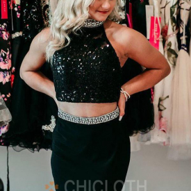 Two Piece Sheath Jewel Black Satin Homecoming Dress with Beading-Cheap Casual Dresses