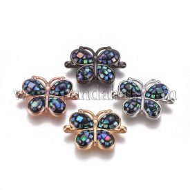 Abalone/Paua Shell Links, with Brass Findings, Butterfly, Mixed Color, 12x18x3mm, Hole: 0.8mm