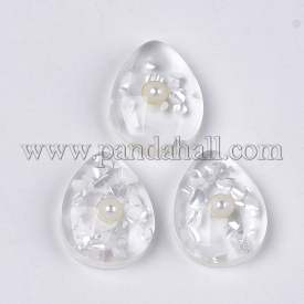 Translucent Resin Cabochons, with Shell Chip & ABS Plastic Imitation Pearl, Drop, Clear, 20x15x6mm