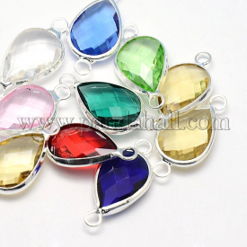 Silver Tone Brass Glass Drop Links/Connectors, Mixed Color, 21x11x5mm, Hole: 2mm