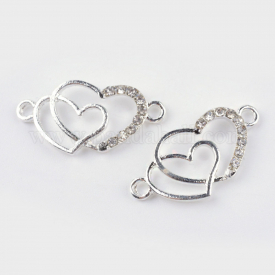 Alloy Rhinestone Links/Connectors, Double Heart, Silver, 12.5x25x2.5mm, Hole: 1.5mm