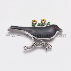 Alloy Enamel Links/Connectors, Antique Silver Plated, Bird with Flower, Black, 63x41x4mm, Hole: 1.5mm
