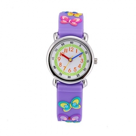 Children Kids Toddler Watches Age 4 – 7 Time Teacher Watches, Cartoon Character 3D dinosaur Silicone Band Watches (Purple – Butterfly)