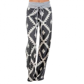 Han Shi Long Palazzo Pants, Women Geometry Printing Drawstring Casual Wide Leg Leggings (M, Multicolor)