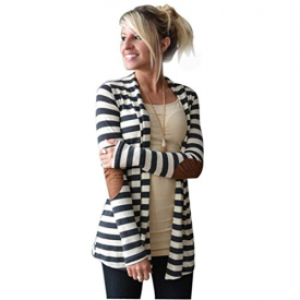 Mose New Women Oversized Casual Autumn Long Sleeve Striped Patchwork Cardigans Coat (White, L)