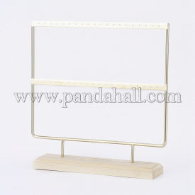 Iron 2-Tier Earring Display Stand, for Hanging Dangle Earring, with Wood Pedestal, Golden, 25.2×25.5x5cm