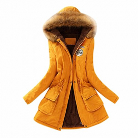 Liraly Womens Warm Long Coat Fur Collar Hooded Jacket Slim Winter Parka Outwear Coats (XL, Yellow)