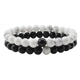 Liuanan 2pcs/set Black Agate/Crystal Gem His/Hers Couples bracelets Girlfriend boyfriend Stretch Bracelets (White Turquoise)