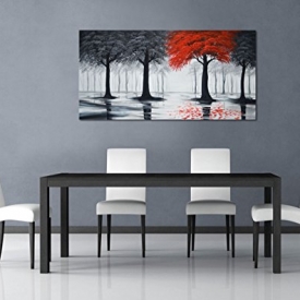 Everfun Art Hand Painted Landscape Oil Painting On Canvas Modern Contemporary Black and Red Forest Wall Art Stetched Abstract Tree Artwork for Living Room Framed Ready to Hang ( 48×24 inch)