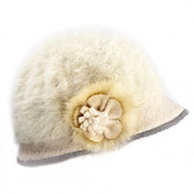 Dahlia Women’s Angora Bucket Hat – Flower Accent – Dual Layer Cream