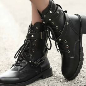 Solid Lace Up Buckle Strap Boots