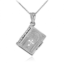 Polished Sterling Silver 3D Holy Bible Book w/Lord’s Prayer Pendant Necklace, 20″