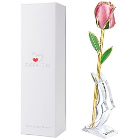 DEFAITH Pearl Pink Fresh Cut 24K Gold Rose w/Stand – Great Valentines Day / Anniversary / Mothers Day / Birthday Gift for Her Women Mom Wife Girlfriend