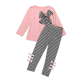 Clearance ! YANG-YI Kids Baby Girls Clothing Long Sleeve Bowknot Dress+Stripe Pants Set (130cm/ 5/6T, Pink)